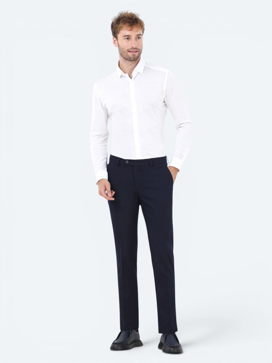 Lacivert Düz Dokuma Fitted Fit Klasik Pantolon - 1