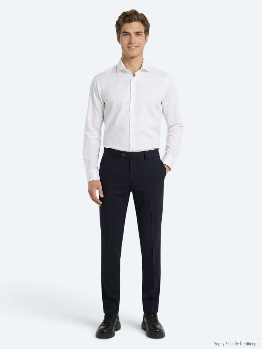 Lacivert Dokuma Fitted Fit Klasik Yün Karışımlı Pantolon 