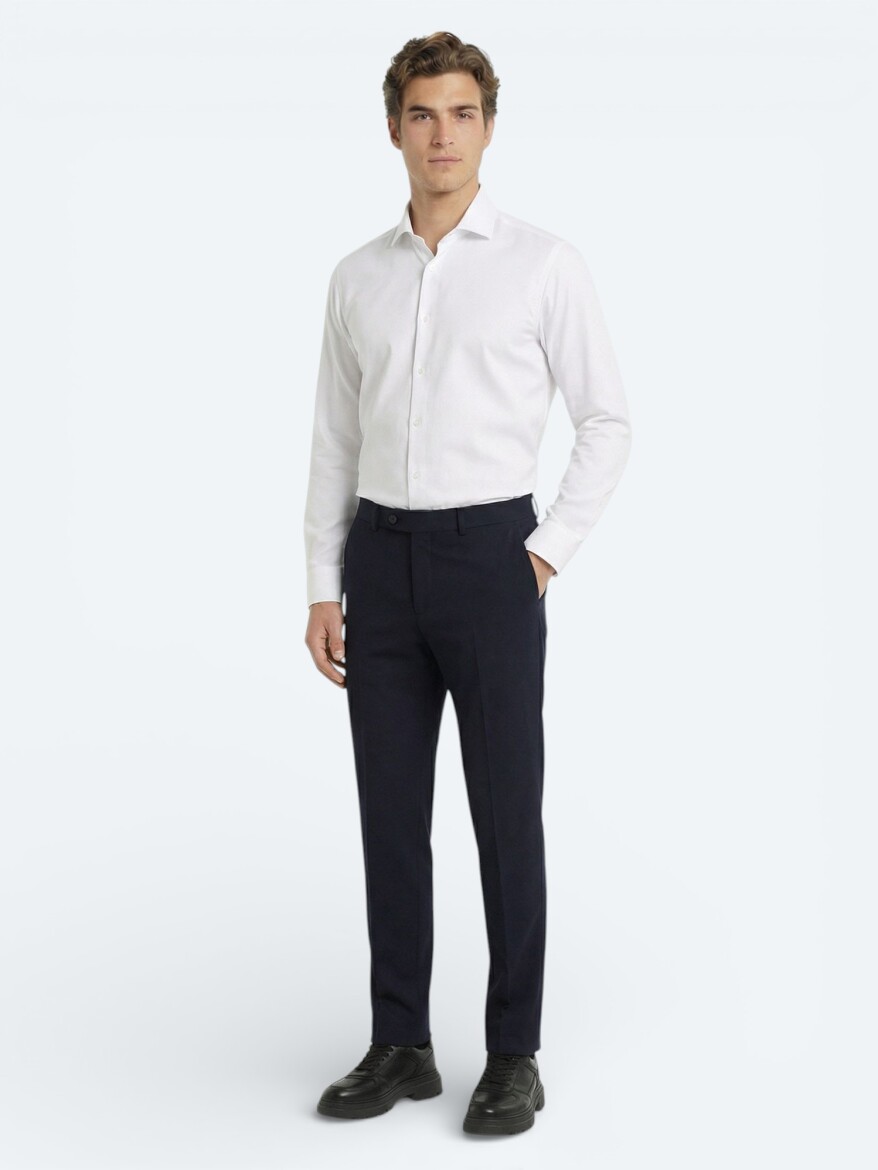 Lacivert Dokuma Fitted Fit Klasik Yün Karışımlı Pantolon - KİP