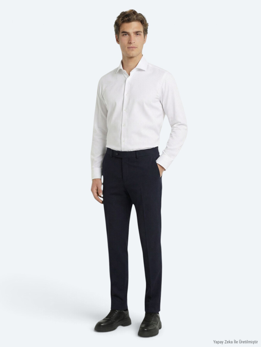 Lacivert Dokuma Fitted Fit Klasik Yün Karışımlı Pantolon - KİP