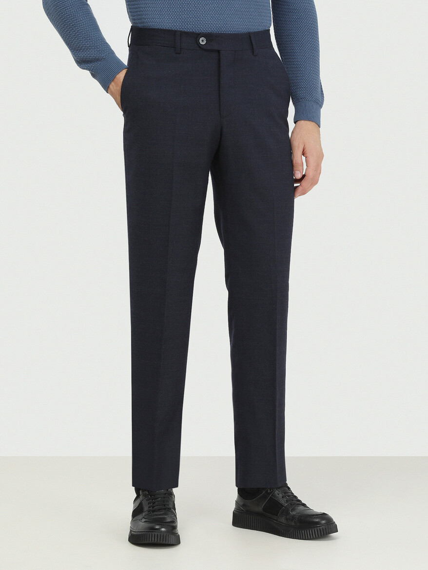 Lacivert Düz Dokuma Fitted Fit Klasik Yün Karışımlı Pantolon - 1