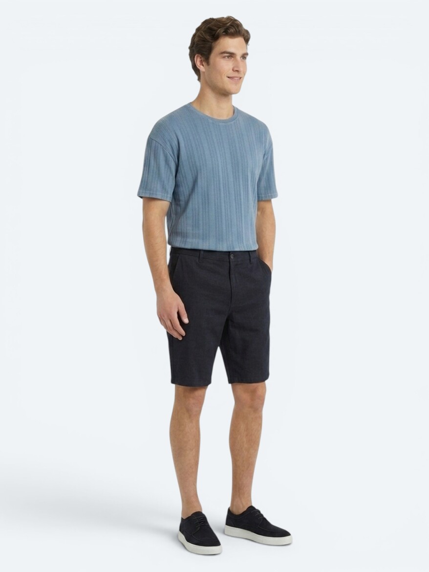 Lacivert Düz Dokuma Jogging Fit Casual Pamuk Karışımlı Bermuda - KİP