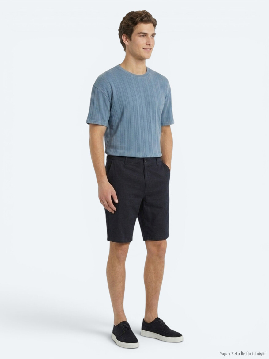 Lacivert Düz Dokuma Jogging Fit Casual Pamuk Karışımlı Bermuda - KİP