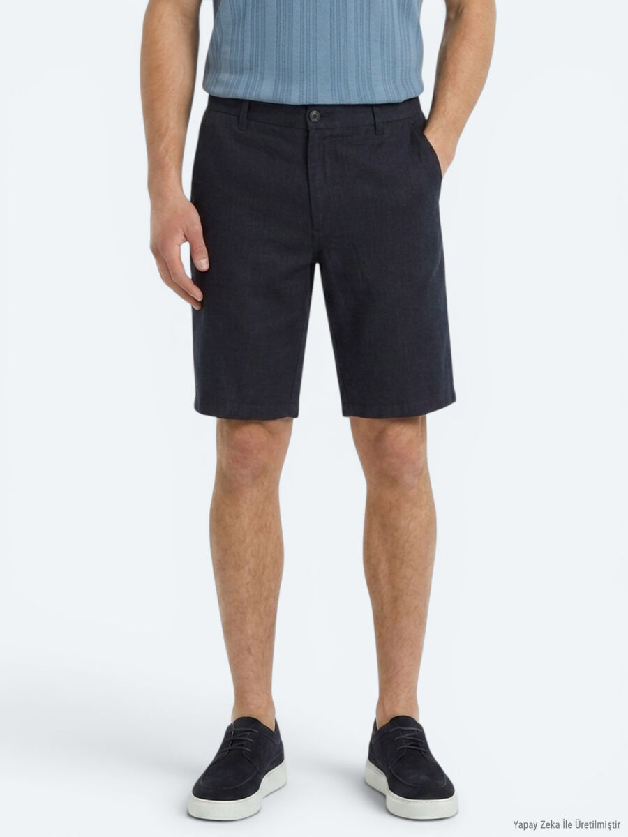 Lacivert Düz Dokuma Jogging Fit Casual Pamuk Karışımlı Bermuda - 2