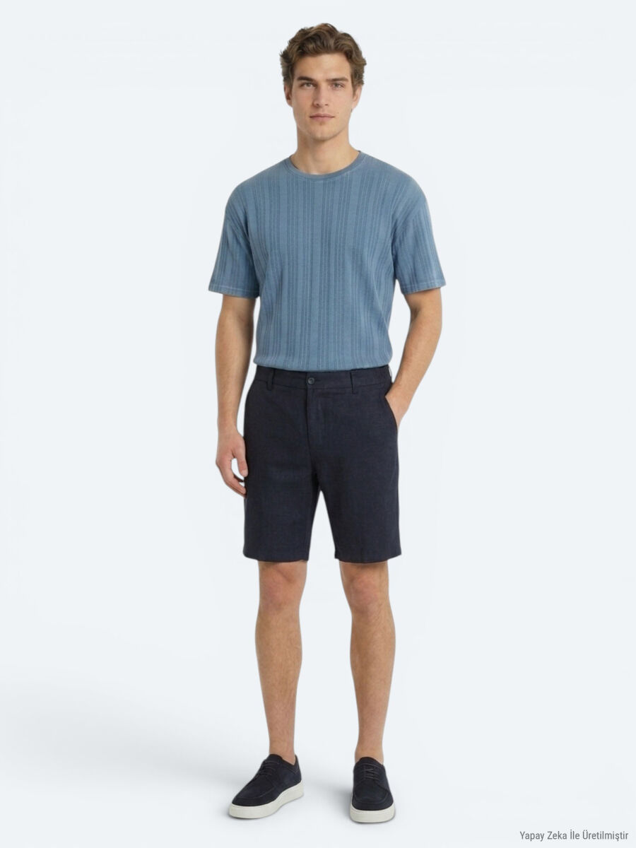 Lacivert Düz Dokuma Jogging Fit Casual Pamuk Karışımlı Bermuda - 3