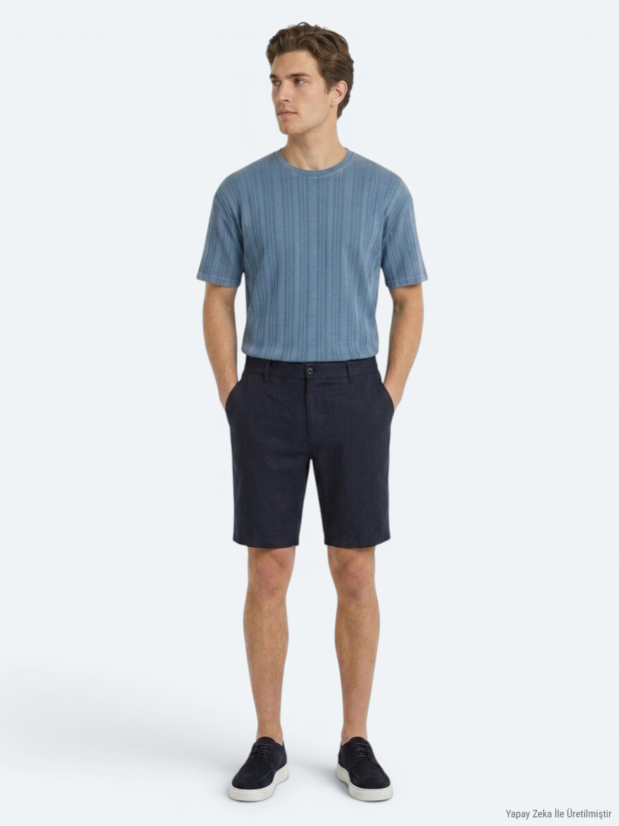 Lacivert Düz Dokuma Jogging Fit Casual Pamuk Karışımlı Bermuda - 4