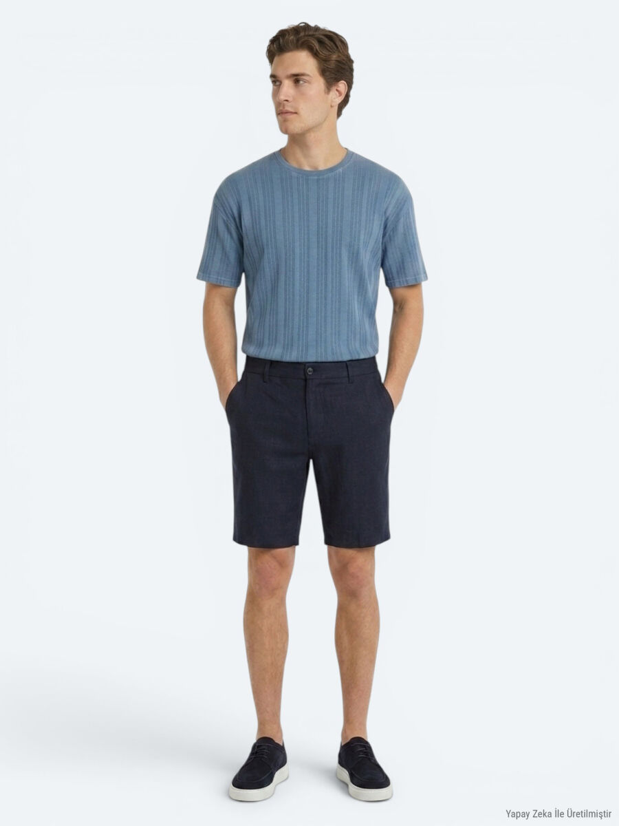 Lacivert Düz Dokuma Jogging Fit Casual Pamuk Karışımlı Bermuda - 4
