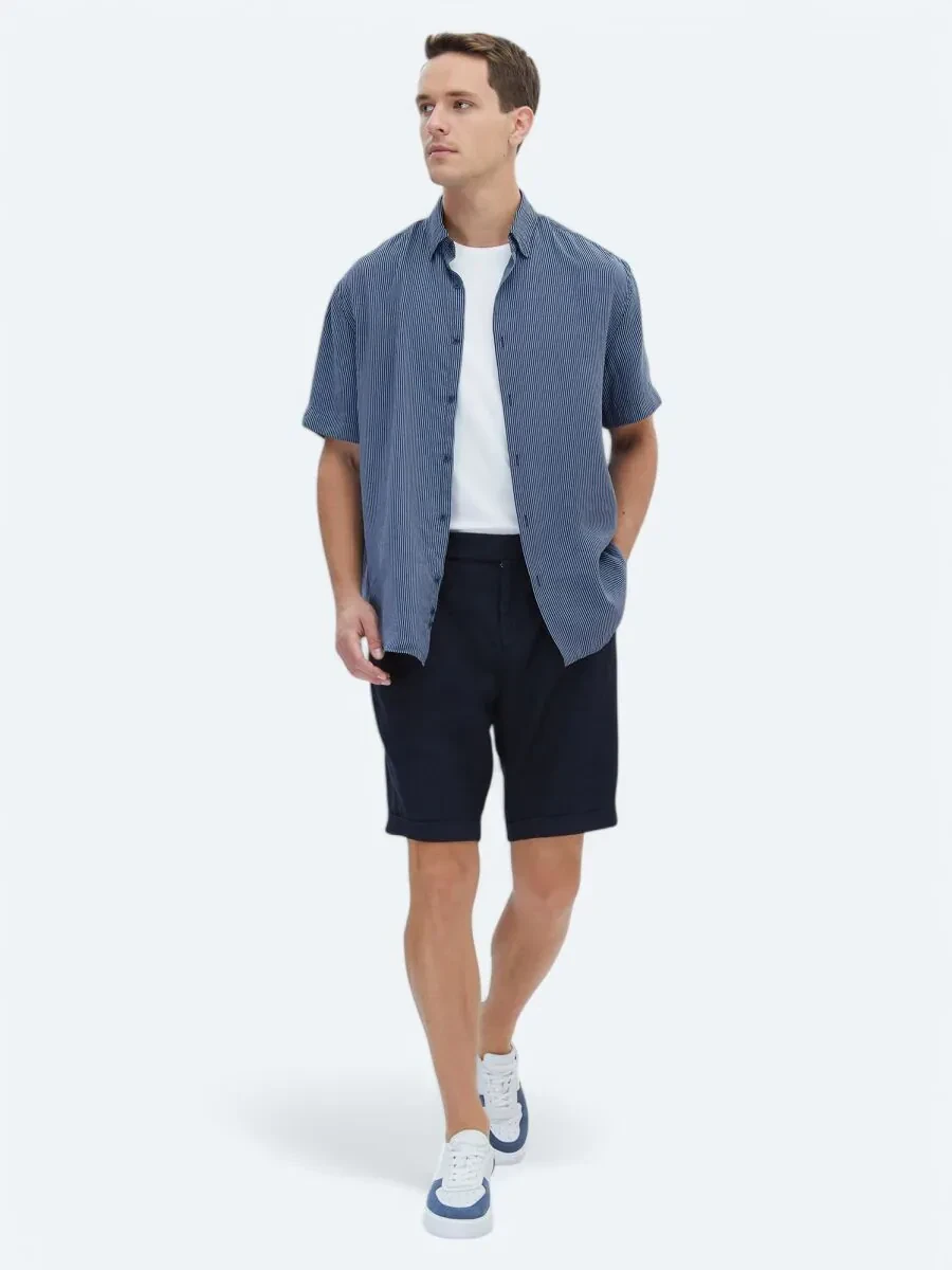 Lacivert Düz Dokuma Modern Fit Casual Bermuda - 1