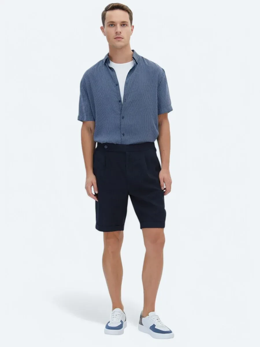 Lacivert Düz Dokuma Modern Fit Casual Bermuda - 2