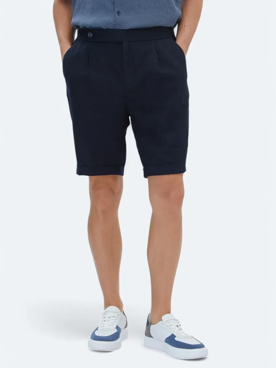 Lacivert Düz Dokuma Modern Fit Casual Bermuda - 3