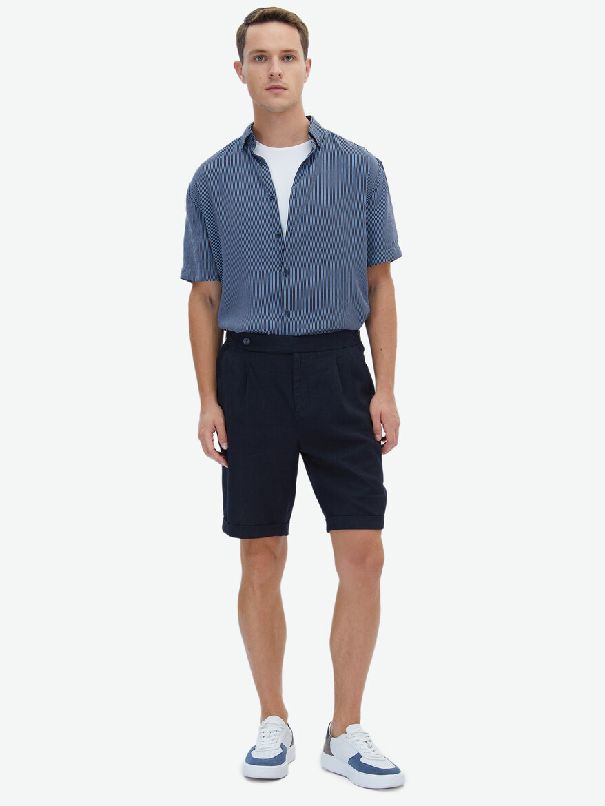 Lacivert Düz Dokuma Modern Fit Casual Bermuda - 2