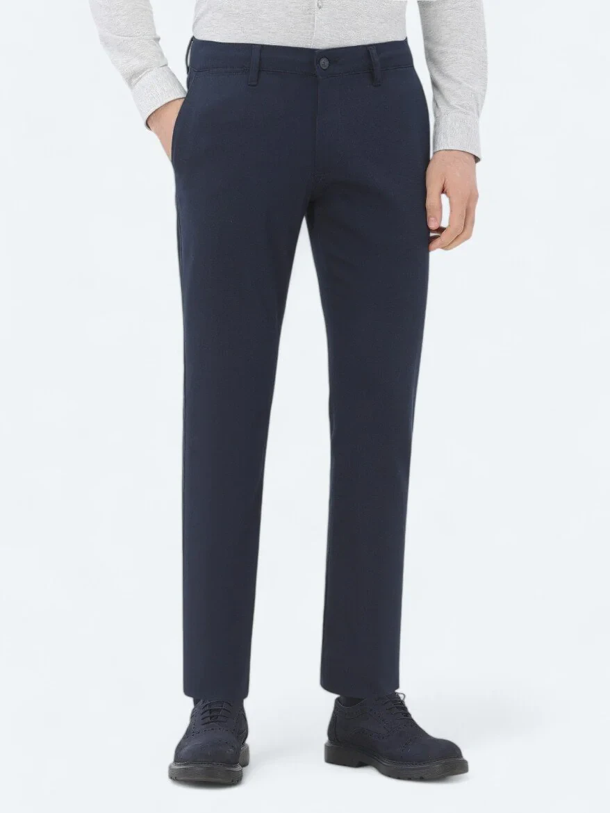 Lacivert Düz Dokuma Regular Fit Casual Pamuk Karışımlı Pantolon - 2