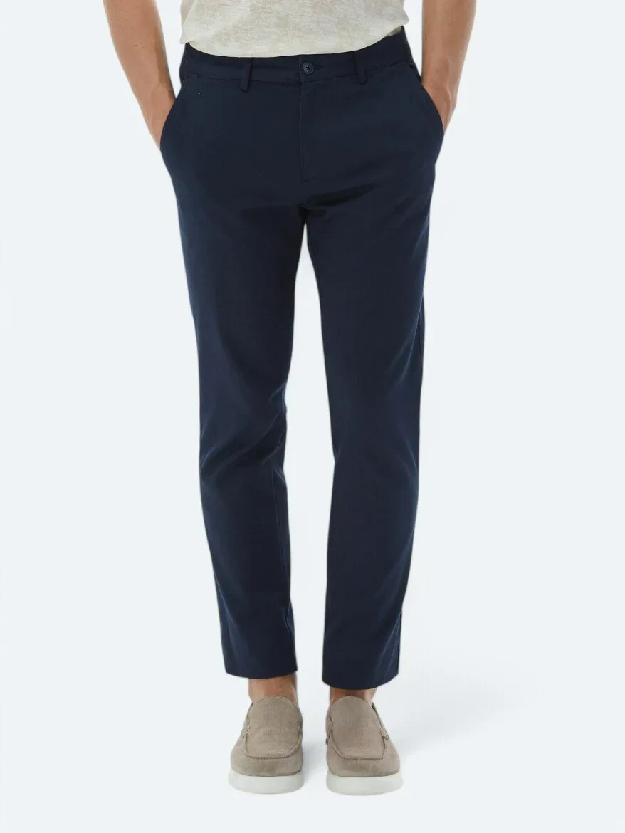 Lacivert Düz Dokuma Regular Fit Casual Pamuk Karışımlı Pantolon - 3