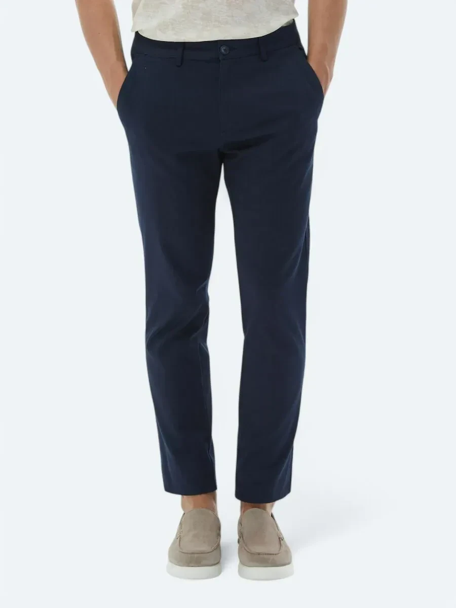 Lacivert Düz Dokuma Regular Fit Casual Pamuk Karışımlı Pantolon - 3