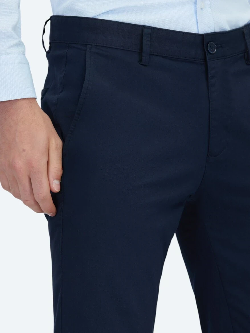 Lacivert Düz Dokuma Regular Fit Casual Pamuk Karışımlı Pantolon - 3