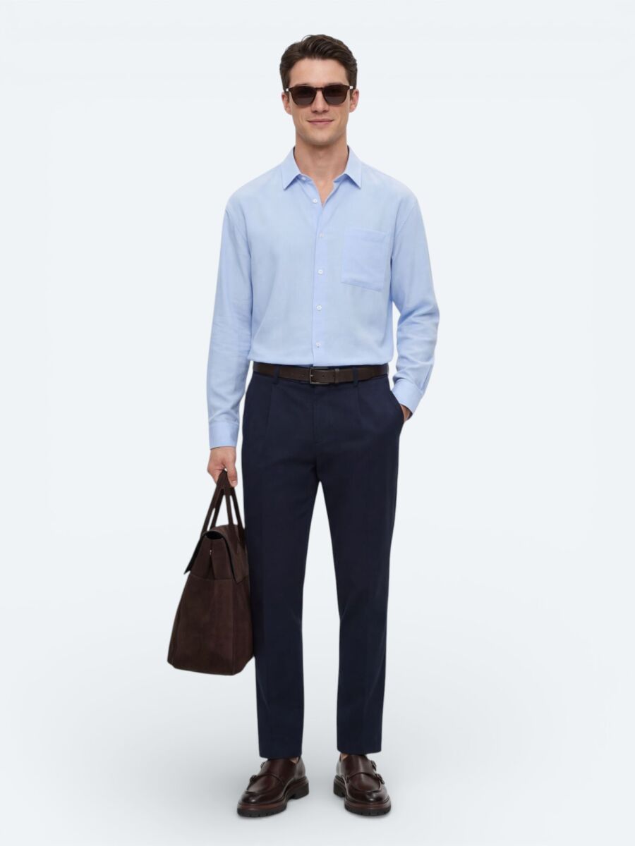 Lacivert Düz Dokuma Regular Fit Casual Pamuk Karışımlı Pantolon - 1