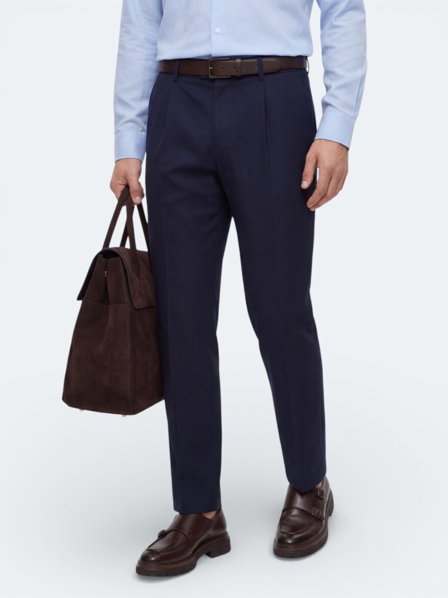 Lacivert Düz Dokuma Regular Fit Casual Pamuk Karışımlı Pantolon - 4