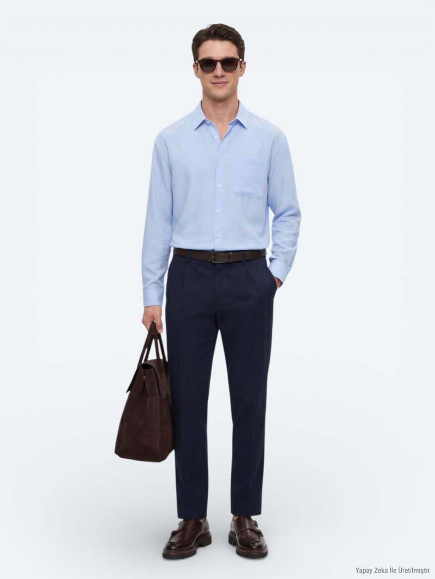 Lacivert Düz Dokuma Regular Fit Casual Pamuk Karışımlı Pantolon - KİP