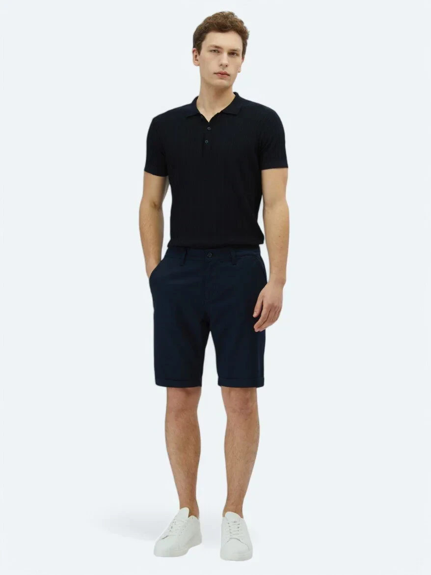Lacivert Düz Dokuma Slim Fit Casual Pamuk Karışımlı Bermuda - 1