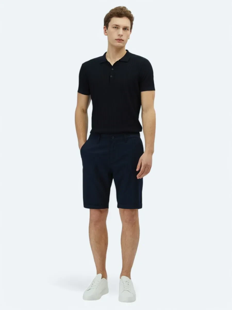 Lacivert Düz Dokuma Slim Fit Casual Pamuk Karışımlı Bermuda - 1