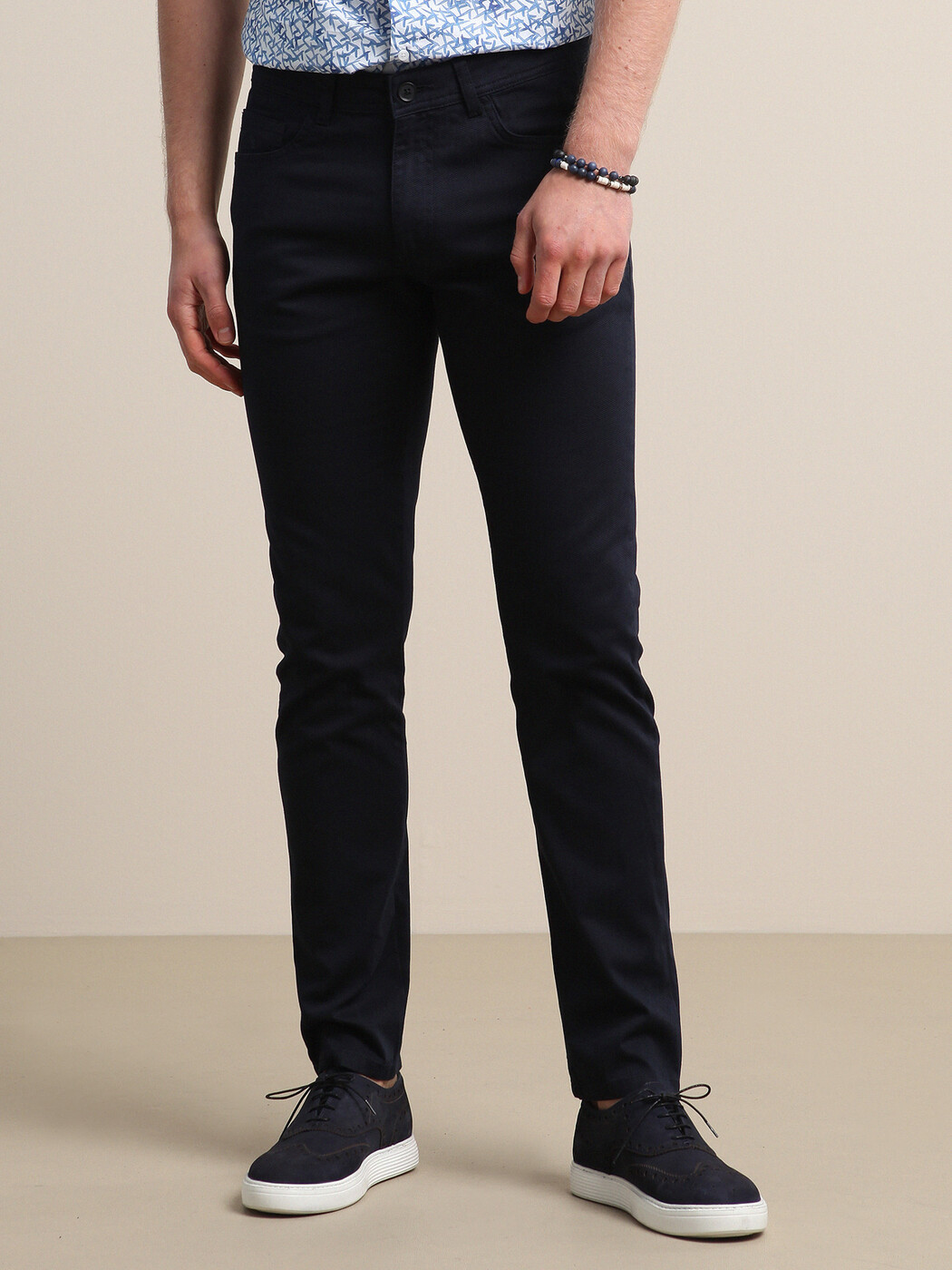 Lacivert Düz Dokuma Slim Fit Casual Pamuk Karışımlı Pantolon - 1