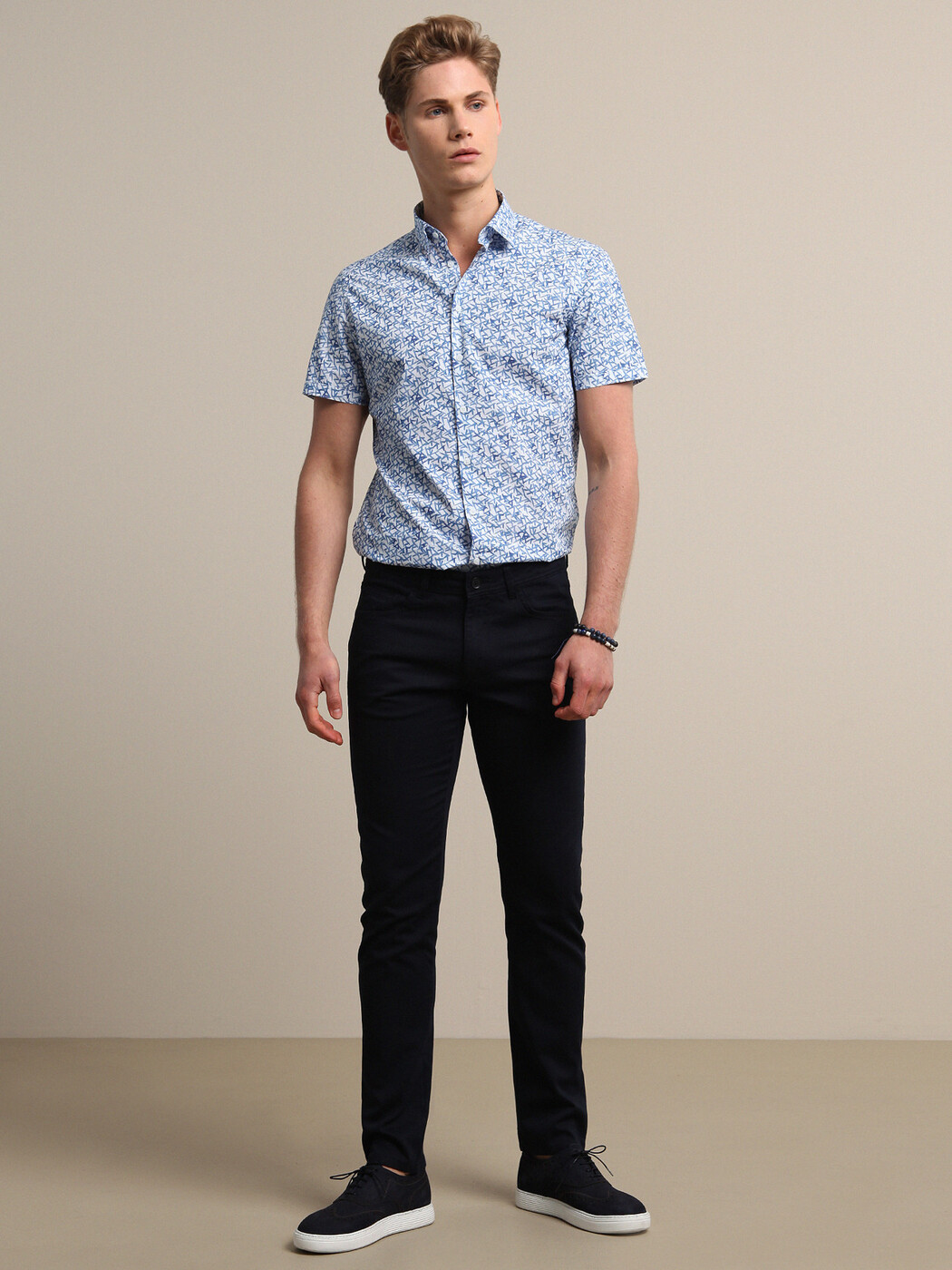 Lacivert Düz Dokuma Slim Fit Casual Pamuk Karışımlı Pantolon - 2