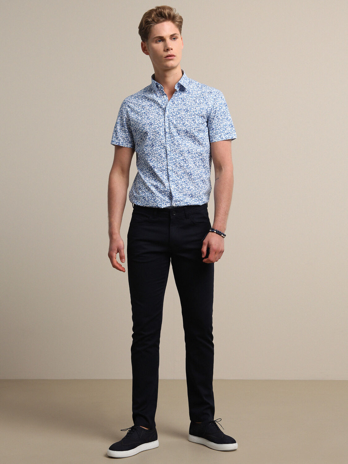 Lacivert Düz Dokuma Slim Fit Casual Pamuk Karışımlı Pantolon - 2