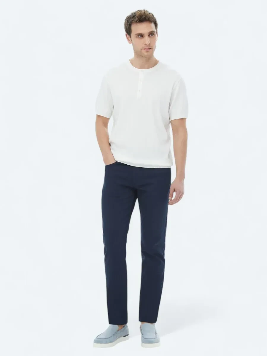 Lacivert Düz Dokuma Slim Fit Casual Pamuk Karışımlı Pantolon - 1