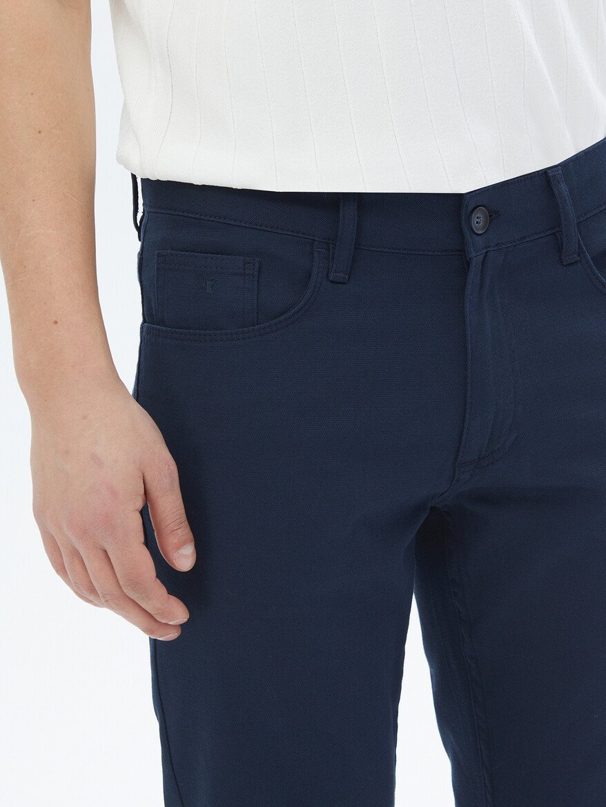 Lacivert Düz Dokuma Slim Fit Casual Pamuk Karışımlı Pantolon - 3