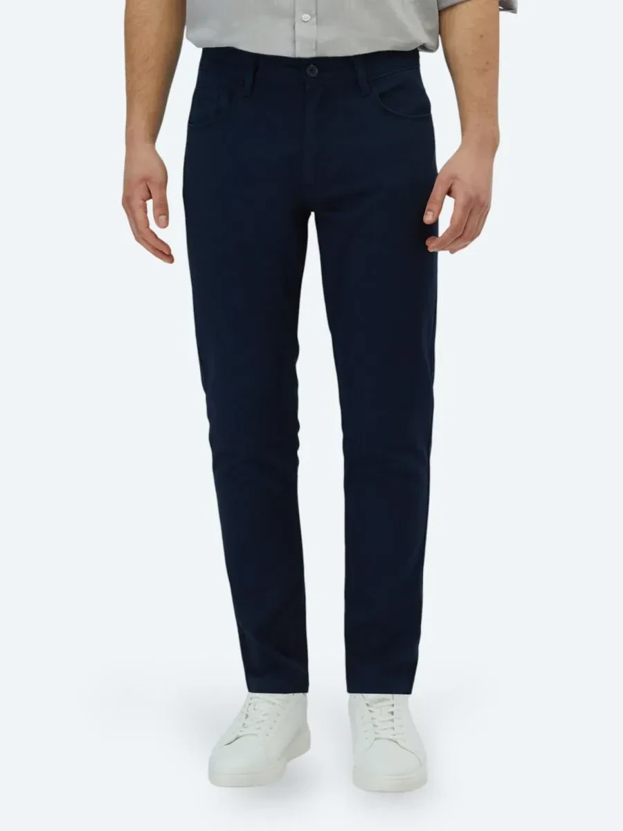 Lacivert Düz Dokuma Slim Fit Casual Pamuk Karışımlı Pantolon - 2