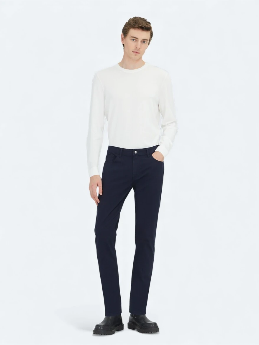 Lacivert Düz Dokuma Slim Fit Casual Pamuk Karışımlı Pantolon - KİP