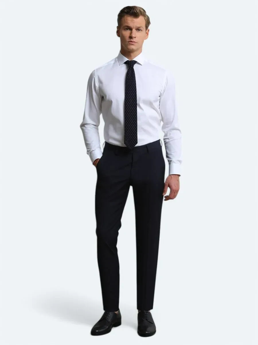 Lacivert Düz Dokuma Slim Fit Klasik Yün Karışımlı Pantolon - 1