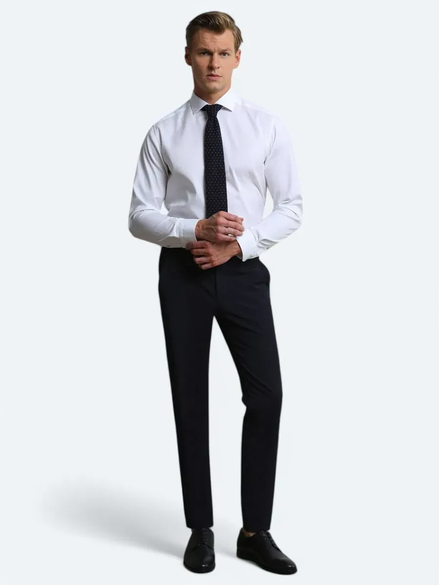 Lacivert Düz Dokuma Slim Fit Klasik Yün Karışımlı Pantolon - 3