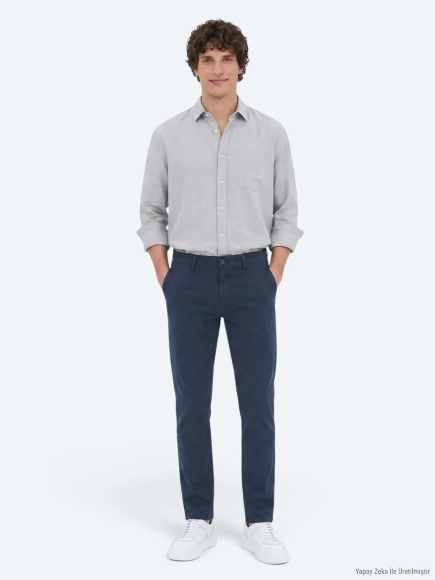 Lacivert Düz Dokuma Slim Fit Spor Pamuk Karışımlı Pantolon - KİP