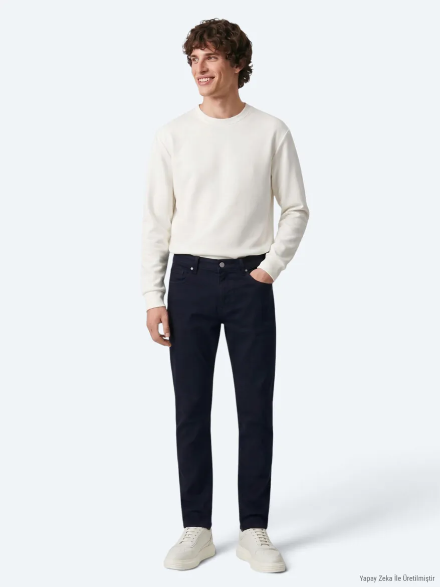 Lacivert Düz Dokuma Slim Fit Spor Pamuk Karışımlı Pantolon 