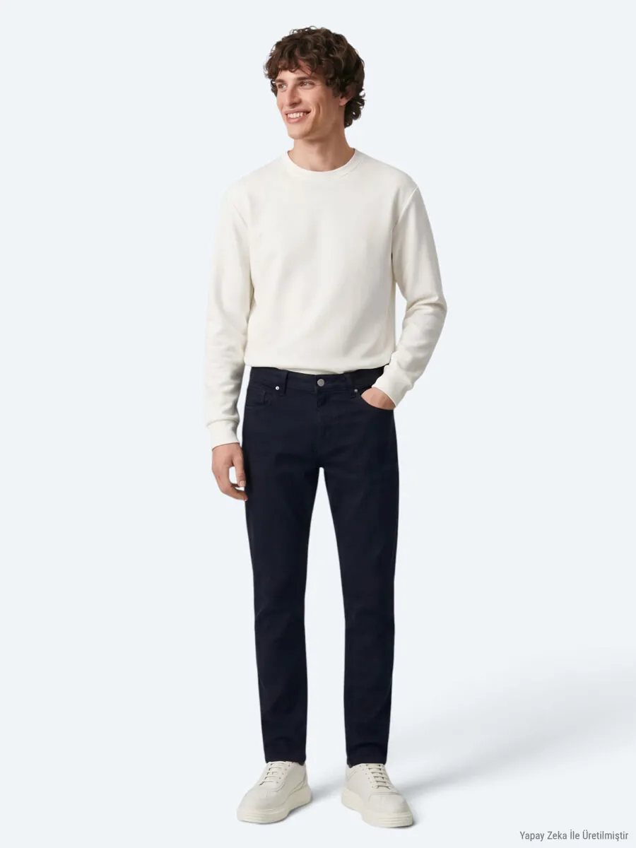 Lacivert Düz Dokuma Slim Fit Spor Pamuk Karışımlı Pantolon - 1