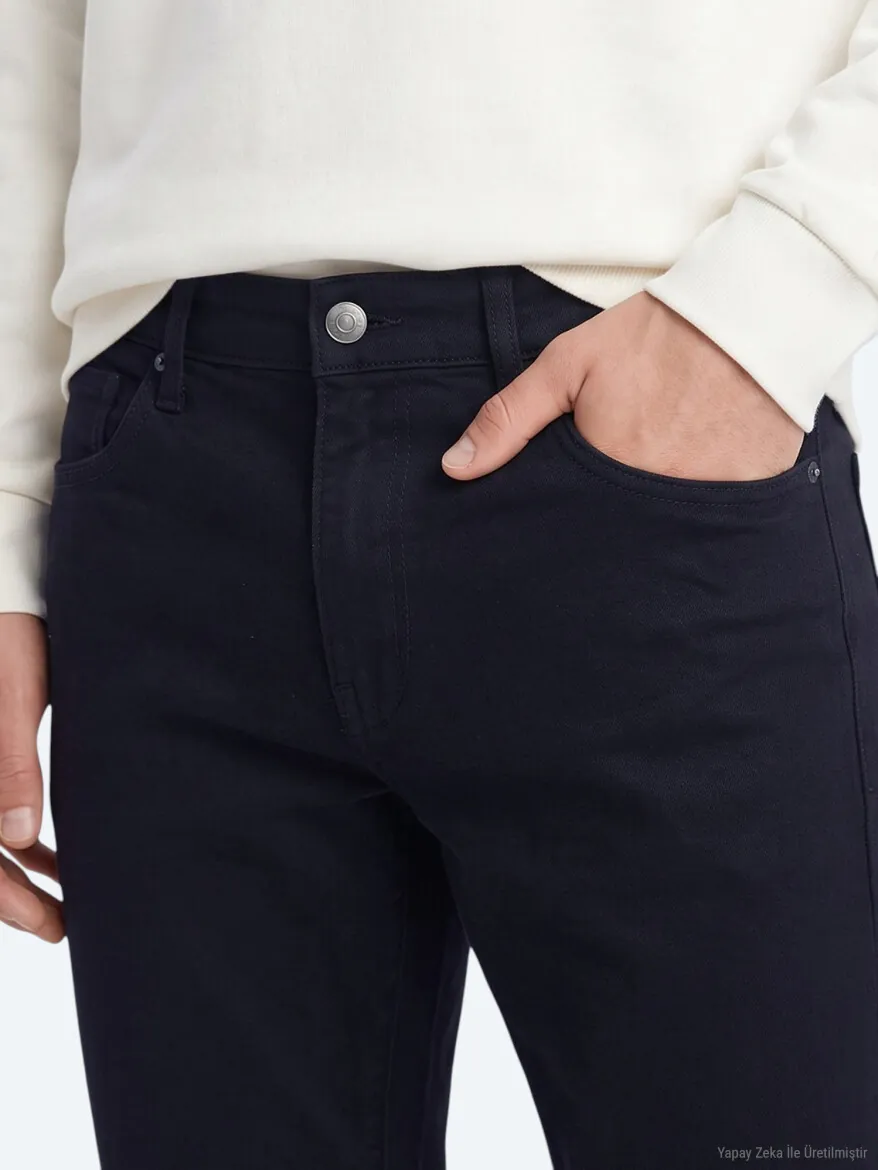 Lacivert Düz Dokuma Slim Fit Spor Pamuk Karışımlı Pantolon - 4