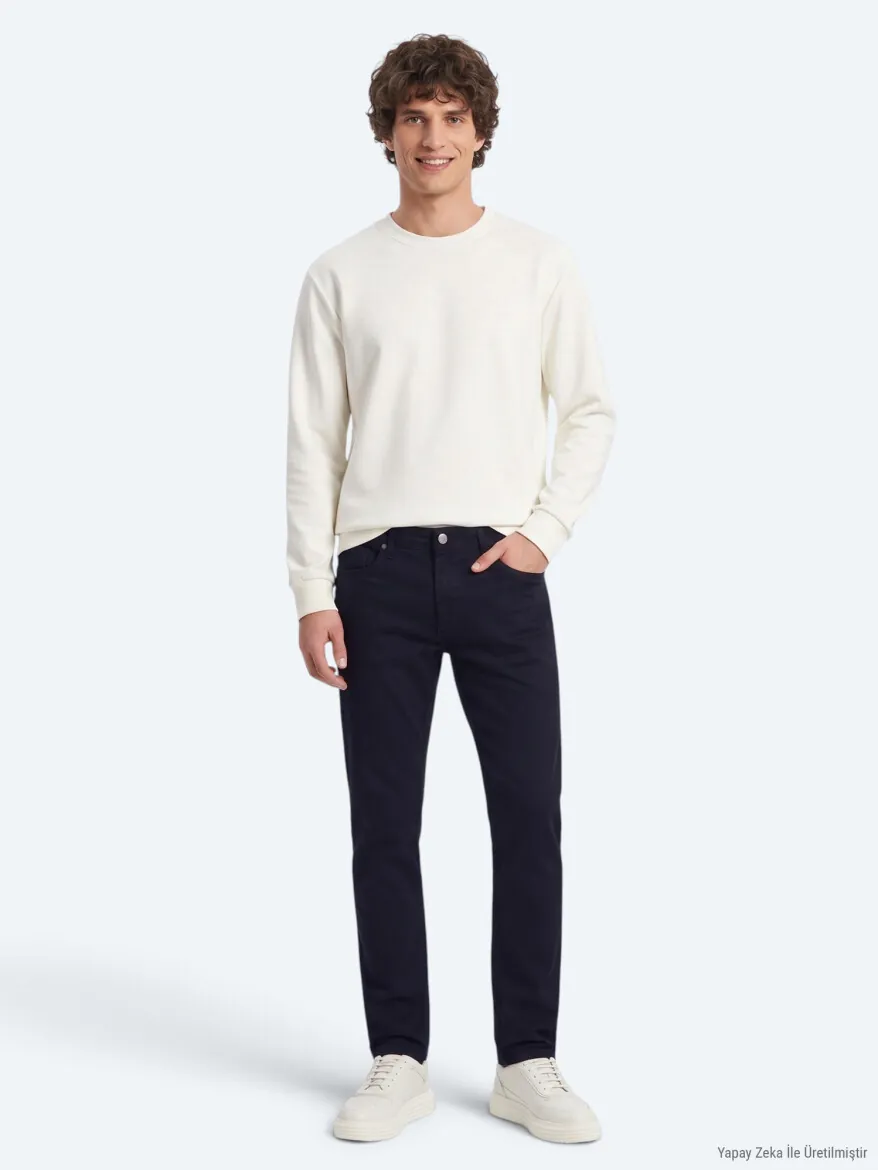 Lacivert Düz Dokuma Slim Fit Spor Pamuk Karışımlı Pantolon - 5