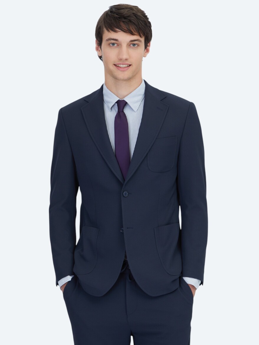 Lacivert Düz Fitted Fit Örme Takım Elbise - KİP