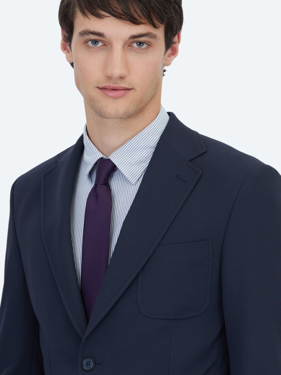 Lacivert Düz Fitted Fit Örme Takım Elbise - 3