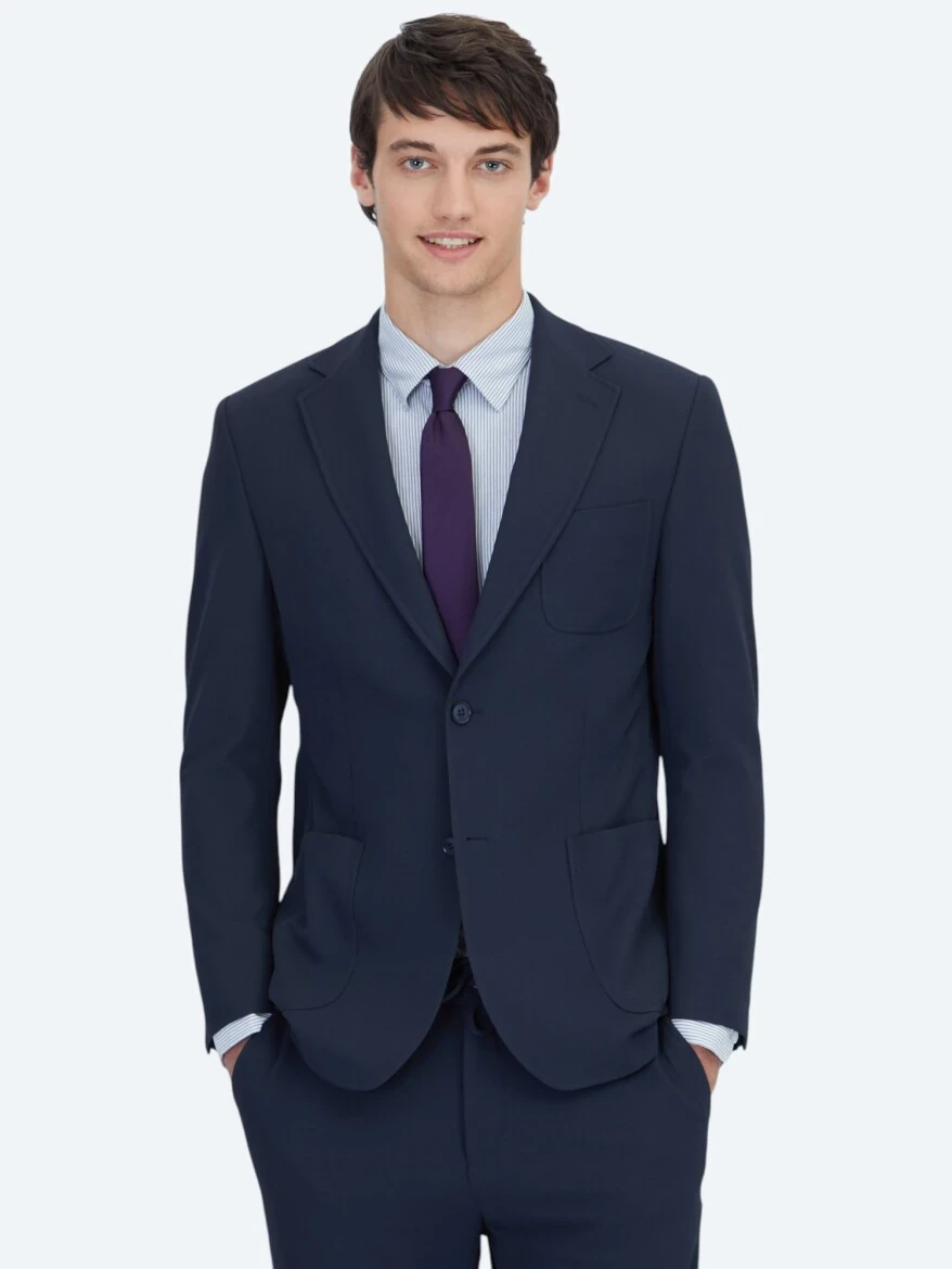 Lacivert Düz Fitted Fit Örme Takım Elbise - 1