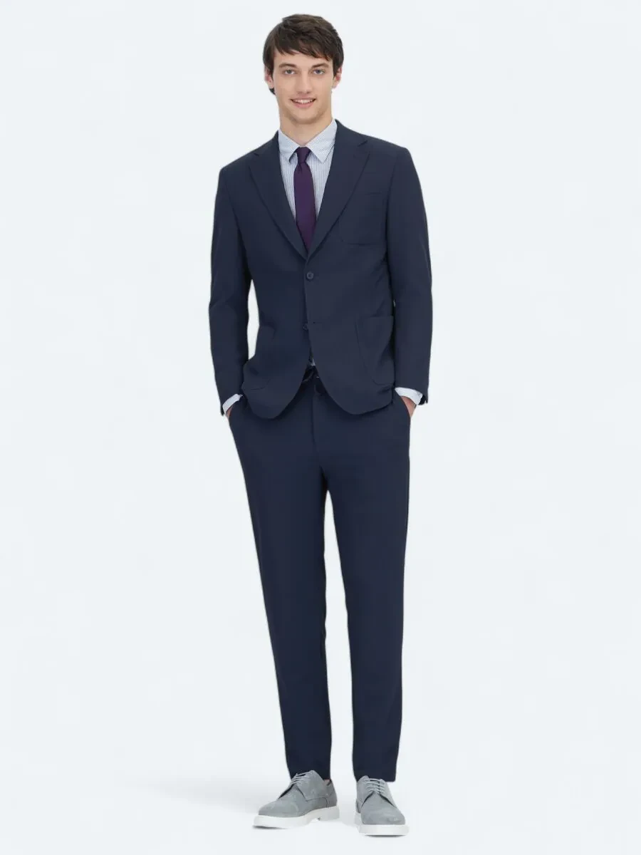 Lacivert Düz Fitted Fit Örme Takım Elbise - 2