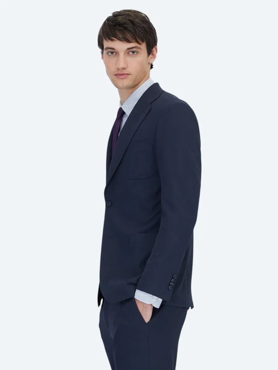 Lacivert Düz Fitted Fit Örme Takım Elbise - 4