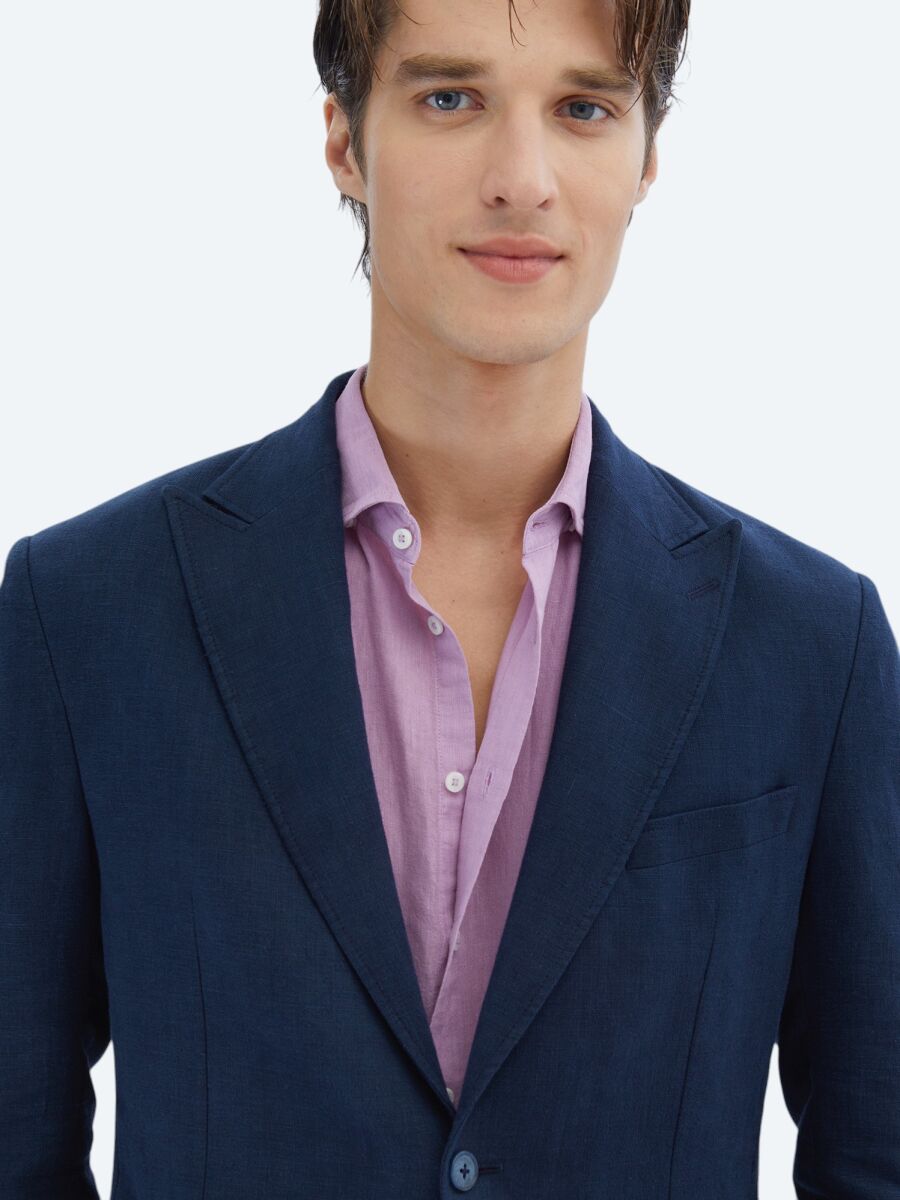 Lacivert Düz Modern Fit %100 Keten Takım Elbise - 3