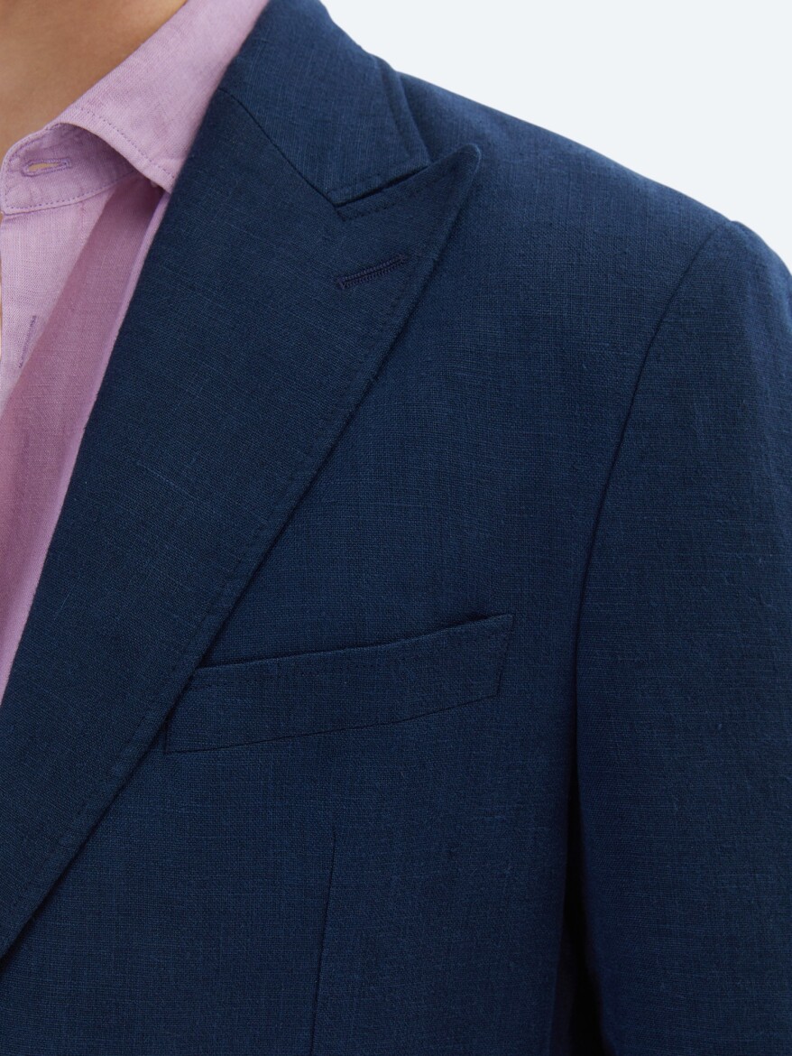 Lacivert Düz Modern Fit %100 Keten Takım Elbise - 4