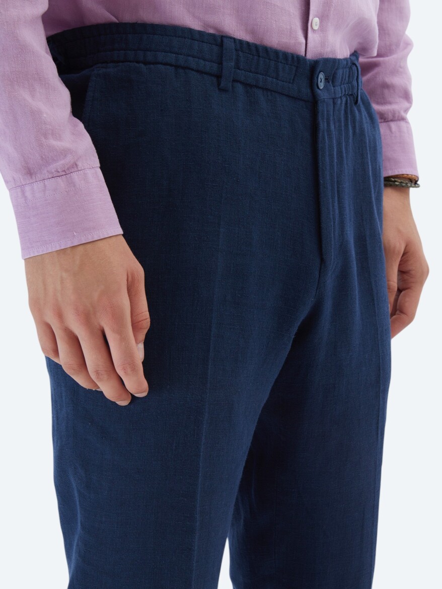 Lacivert Düz Modern Fit %100 Keten Takım Elbise - 5