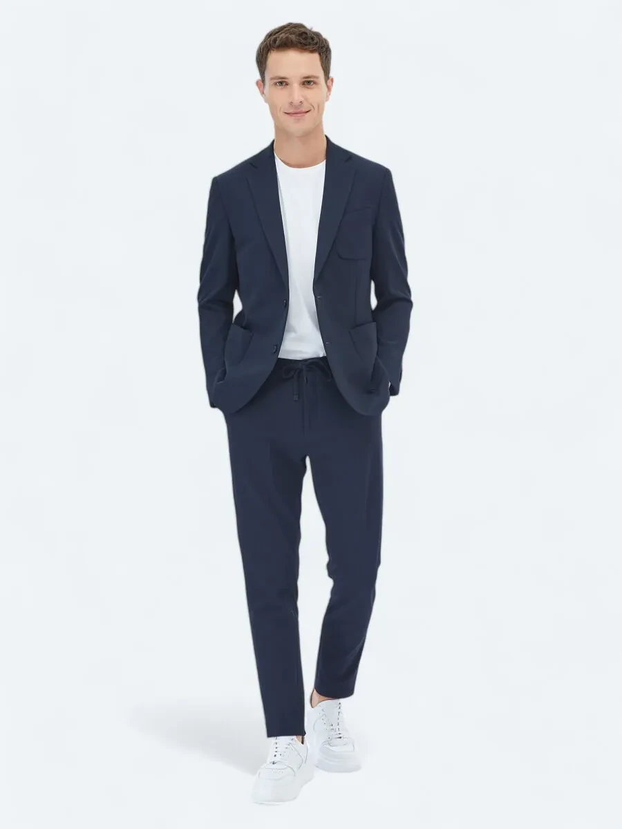 Lacivert Düz Modern Fit Örme Takım Elbise - 1