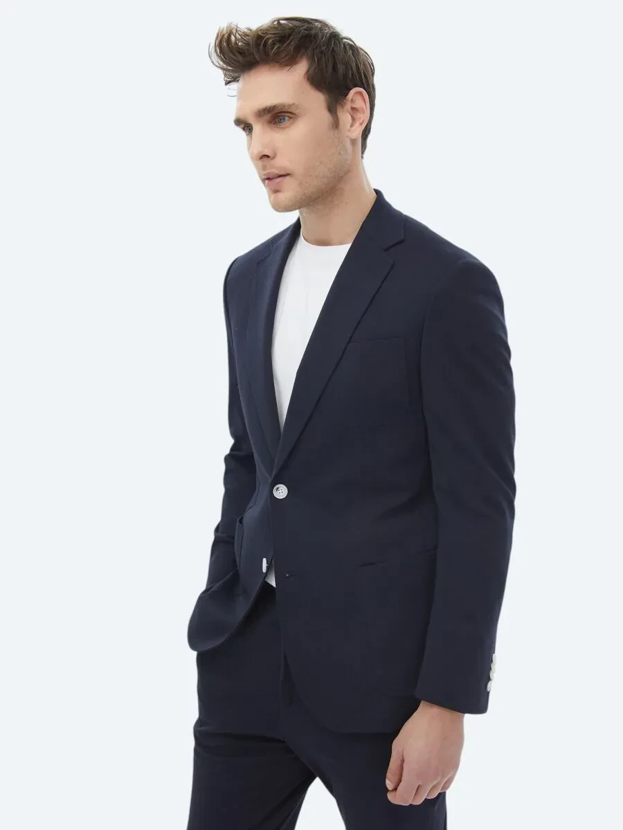 Lacivert Düz Modern Fit Pamuk Karışımlı Örme Takım Elbise - 6