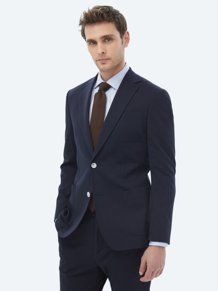 Lacivert Düz Modern Fit Pamuk Karışımlı Örme Takım Elbise - 4