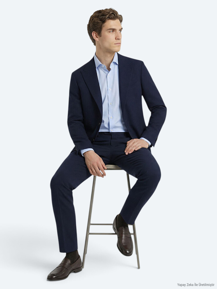 Lacivert Düz Modern Fit Pamuk Karışımlı Takım Elbise - KİP